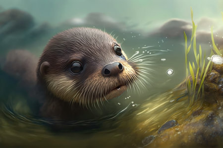 Young otter pup with a mischievous glint in its eye, popping its head out of the water, eager to play and frolic with its family, AI Generatedの素材
