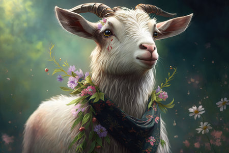 Young goat with a puzzled expression, standing in a green meadow with colorful flowers around it, AI Generatedの素材