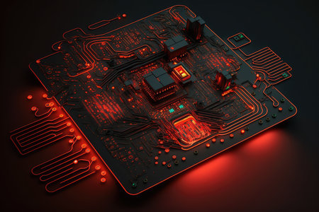 Circuit Board with Red Highlights and Metallic Components Glowing in the Dark, AI Generatedの素材