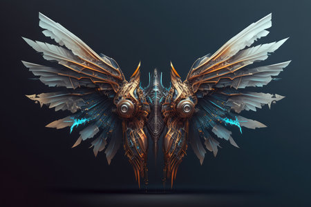 Cybernetic organism with wings made of metal and wires soaring through a digital landscape, AI Generatedの素材