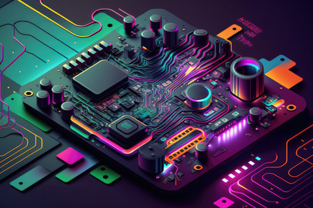 Abstract interpretation of a futuristic digital circuit board with neon colors and geometric shapes, AI generatedの素材