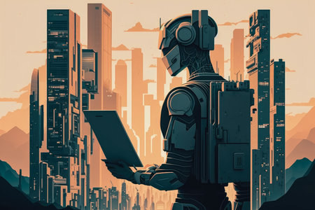 Digital illustration of an AI avatar represented by a futuristic humanoid robot holding a tablet and standing in a futuristic smart city, AI Generatedの素材