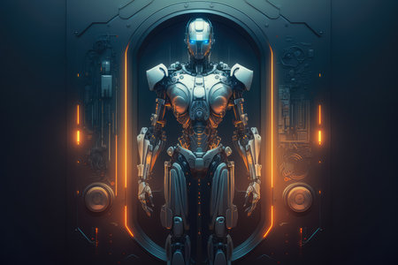 Futuristic robotic avatar of an intelligent AI program standing in a glowing sci-fi laboratory surrounded by advanced technology and mechanical components, AI Generatedの素材