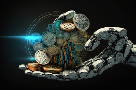 conceptual image of a futuristic robotic hand holding and transferring cryptocurrency tokens, signifying the rise of automation in financial transactions, AI Generatedの素材