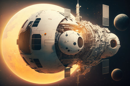 Futuristic space station orbiting a distant planet, showcasing advanced technology and scientific innovation, AI Generatedの素材