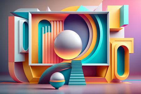 Holographic Screen Displaying Futuristic Conceptual Art with Bright Colors and Geometric Shapes, AI Generatedの素材