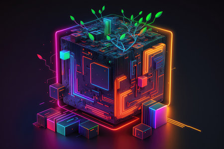 futuristic image of binary code transformed into a three-dimensional wireframe structure, pulsating with neon colors, AI generatedの素材