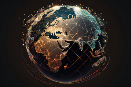 Globalized World Digital Globe with Glowing Lines Connecting Different Countries and Cities, AI Generatedの素材