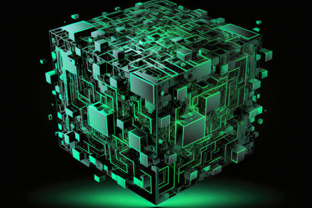 dynamic image of green and black matrix code forming a three-dimensional cube with a glowing neon outline, AI generatedの素材