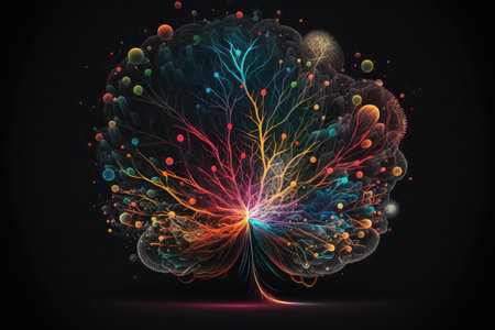 Mesmerizing fiber optic threads creating a colorful web of light on a dark backdrop, AI Generatedの素材