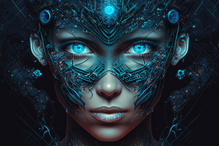 Portrait of a cybernetic organism with a human-like face and glowing blue LED eyes, AI generatedの素材