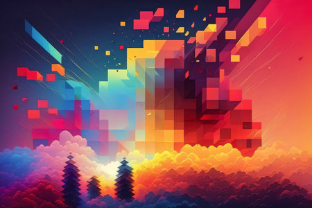 Rainbow Pixel Haze Colorful and Dreamy Digital Artwork, AI Generatedの素材