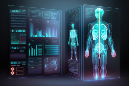 Transparent Holographic Screen Displaying Medical Information with Futuristic Design, AI Generatedの素材