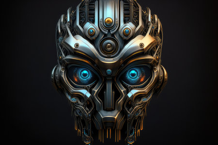 robot head with glowing blue eyes and metallic finish on a dark background, AI Generatedの素材