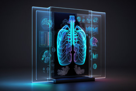 Transparent Holographic Screen Displaying Medical Information with Futuristic Design, AI Generatedの素材