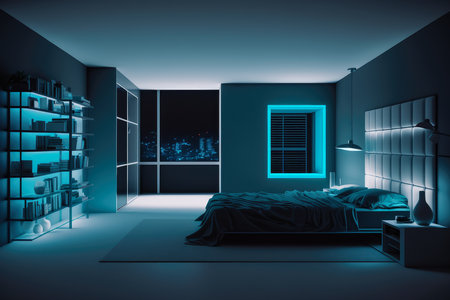 Smart bedroom with voice-controlled lighting, temperature, and security system, AI Generatedの素材