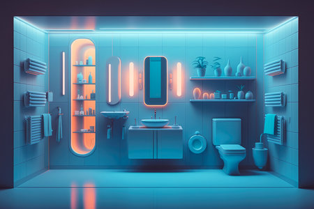 Smart bathroom with voice-controlled lighting, music, and temperature, AI Generatedの素材