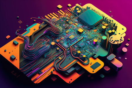 Vibrant and energetic abstract depiction of a digital circuit board with intricate details and bold colors, AI generatedの素材
