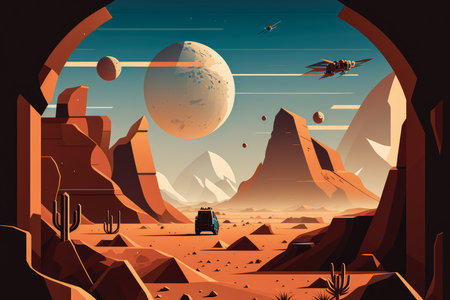 space station orbiting a rocky, barren planet with towering mountain ranges and deep canyons, AI Generatedの素材