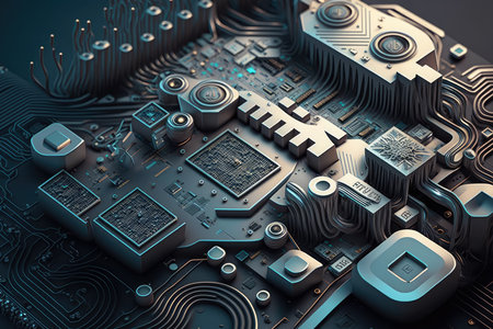 Technological Marvel Macro View of Intricate Computer Motherboard Components in Modern Design, AI Generatedの素材