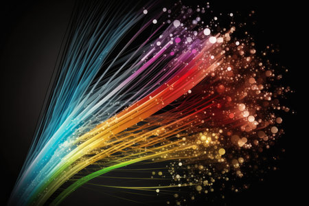 Strands of glowing fiber optics forming a vibrant rainbow of light against a dark setting, AI Generatedの素材