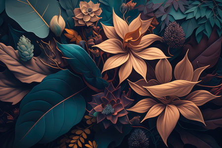Earthy Color Palette of Leaves and Flowers in a Serene Garden, AI Generatedの素材