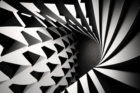 bold and striking wallpaper featuring geometric shapes in shades of black and white, arranged in a way that creates an illusion of depth and perspective, AI Generatedの素材