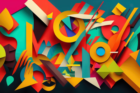 Multilayered abstract composition with colorful paper cutouts creating a vibrant and dynamic mixed media-style design, AI Generatedの素材