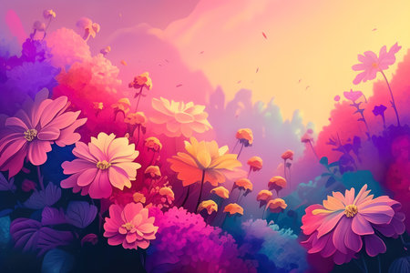 Pastel gradient flower garden in full bloom, with shades of pastel pink, lavender, and buttery yellow, creating a whimsical scene, AI Generatedの素材