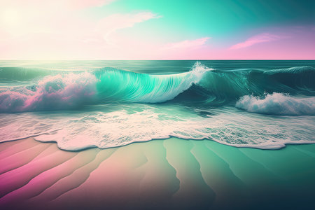 Pastel gradient ocean waves crashing on the shore, with hues of baby blue, seafoam green, and soft pink, AI Generatedの素材