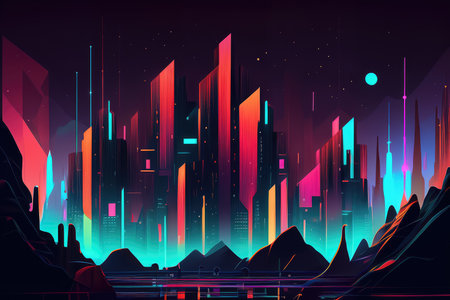 Neon glitch landscape with abstract shapes and vibrant colors, resembling a digital cityscape at night, AI generatedの素材