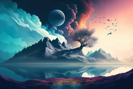 Tranquil Dreamland of an Abstract Landscape, AI Generatedの素材