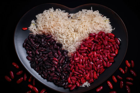 Artistic and creative macro shot of red beans and rice arranged in a heart shape on a black plate, AI Generatedの素材