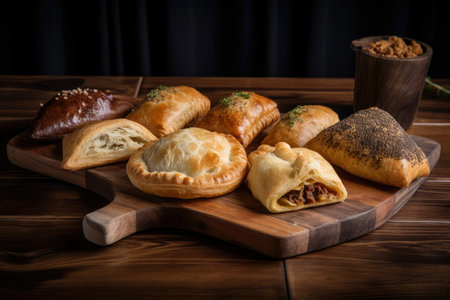 Assorted bourekas on a rustic wooden board with steam rising from the flaky pastry and savory fillings, AI Generatedの素材