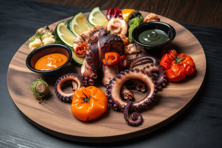 Beautifully arranged plate of grilled octopus tentacle, served with a side of roasted vegetables and dipping sauce, AI Generatedの素材