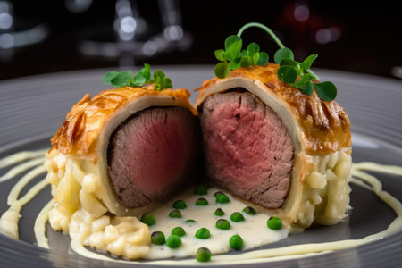 Beef Wellington with a side of truffle mashed potatoes, garnished with shaved Parmesan cheese and fresh chives, AI Generatedの素材