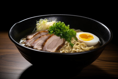Artistic capture of a mouth-watering shoyu ramen bowl filled with flavorful broth, thin noodles, and tender slices of chashu pork, AI Generatedの素材