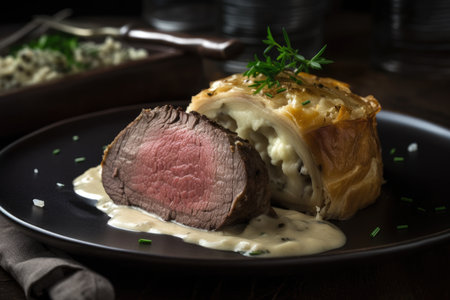 Beef Wellington with a side of truffle mashed potatoes, garnished with shaved Parmesan cheese and fresh chives, AI Generatedの素材