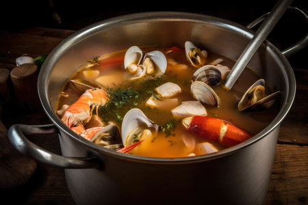 Bouillabaisse soup simmering in a pot with chunks of fish, shellfish, and colorful vegetables, creating an aromatic and delicious seafood broth, AI Generatedの素材