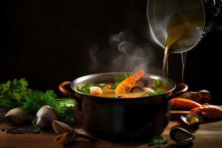 Bouillabaisse soup in a rustic copper pot with steam rising from the surface, surrounded by fresh herbs and spices, AI Generatedの素材