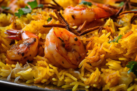 Aromatic and Flavorful Close-Up of Biryani with Fragrant Basmati Rice and Shrimp, AI Generatedの素材