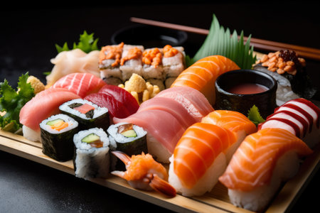 Close-up of a beautiful sushi platter with various types of rolls, nigiri, and sashimi, demonstrating the diversity and creativity of Japanese cuisine, AI Generatedの素材