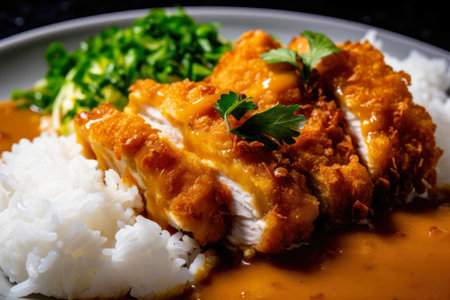 Close-up image of chicken katsu curry with a side of steaming white rice, garnished with fresh herbs, AI Generatedの素材