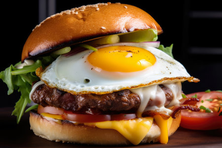 Close-up of a double burger with melted cheese, bacon, fried egg, lettuce, and tomato on a brioche bun, AI Generatedの素材