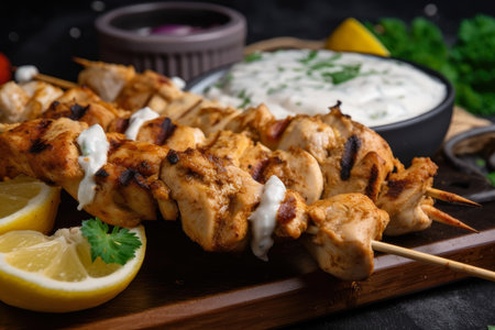 Appetizing close-up of chicken shawarma skewers, marinated in a blend of yogurt, lemon, and spices, served with garlic sauce on the side, AI Generatedの素材