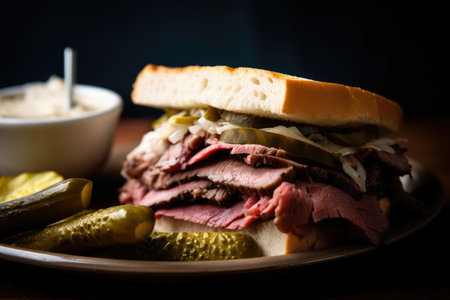 Classic roast beef sandwich with horseradish sauce and pickles on artisan sourdough bread, AI Generatedの素材
