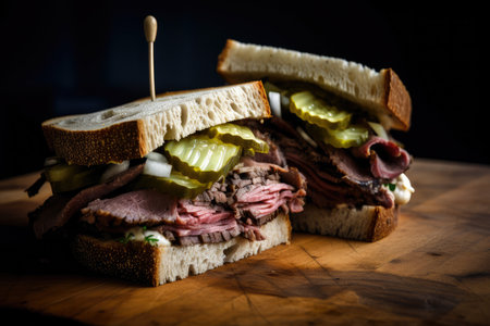 Classic roast beef sandwich with horseradish sauce and pickles on artisan sourdough bread, AI Generatedの素材