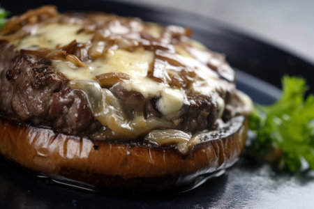 Close-up of a classic hamburger steak with melted blue cheese and sauteed mushrooms on a toasted bun, AI Generatedの素材