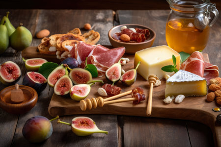 appetizing charcuterie board with an assortment of cured meats, cheese, and fruits, with a jar of honey and fresh figs adding a sweet touch, AI generatedの素材