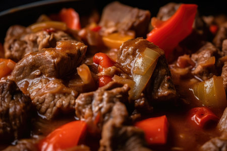 close-up of a bubbling goulash with juicy chunks of beef, red bell peppers, and a hint of caraway seeds, AI Generatedの素材